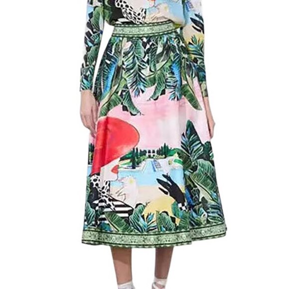 NWT Alice + Olivia Palm Beach Earla Midi Skirt Woman Red Hat Pink Print 4 - Picture 2 of 14